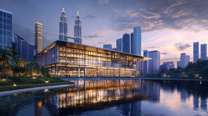 Modern Convention Center Cityscape Evening Illumination