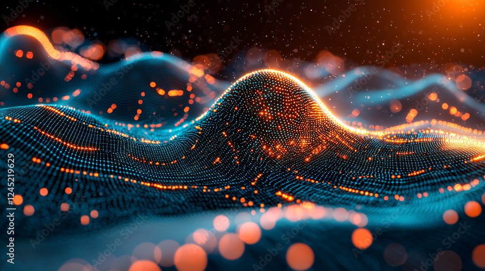 Aufkleber vibrant digital landscape with glowing dots creating a wave-like structure illuminated by warm orang