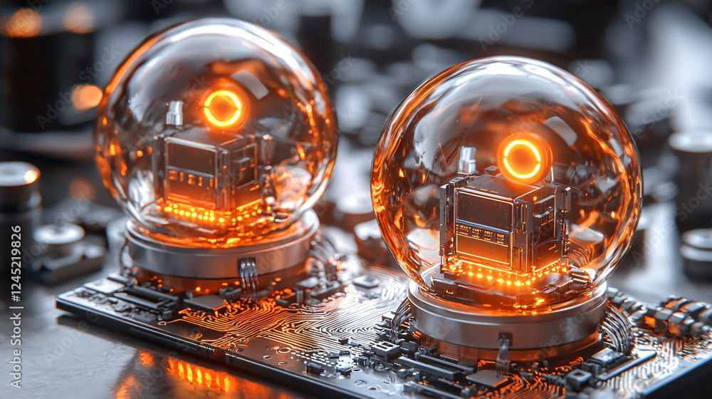 Aufkleber glowing orange tech spheres placed on a detailed circuit board, showcasing intricate components and 
