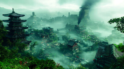 Enigmatic Asian City: Ancient Architecture Shrouded in Fog. A captivating landscape of overgrown temples, pagodas, and traditional buildings, shrouded in an ethereal mist.
