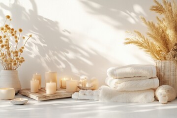 Conjunto de itens de spa com toalhas, velas e elementos decorativos em tons neutros, capturados com luz natural suave, criado com IA generativa.