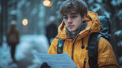 Young man reading map, snowy park, winter travel
