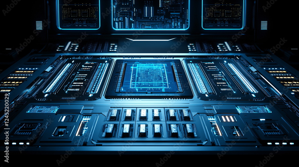Poster futuristic control panel with glowing blue lights and intricate circuitry displayed against a dark b