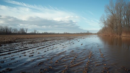 Flooded field with rippling water and overcast sky in rural landscape