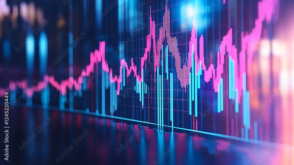 Poster vibrant data visualization with line and bar graphs in neon colors against a blurred background, sho