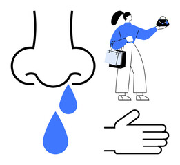 Woman in blue holding face mask with shopping bags, large abstract nose with blue drop, and open hand. Ideal for health, safety, hygiene, awareness, pandemic precaution protection. Abstract line