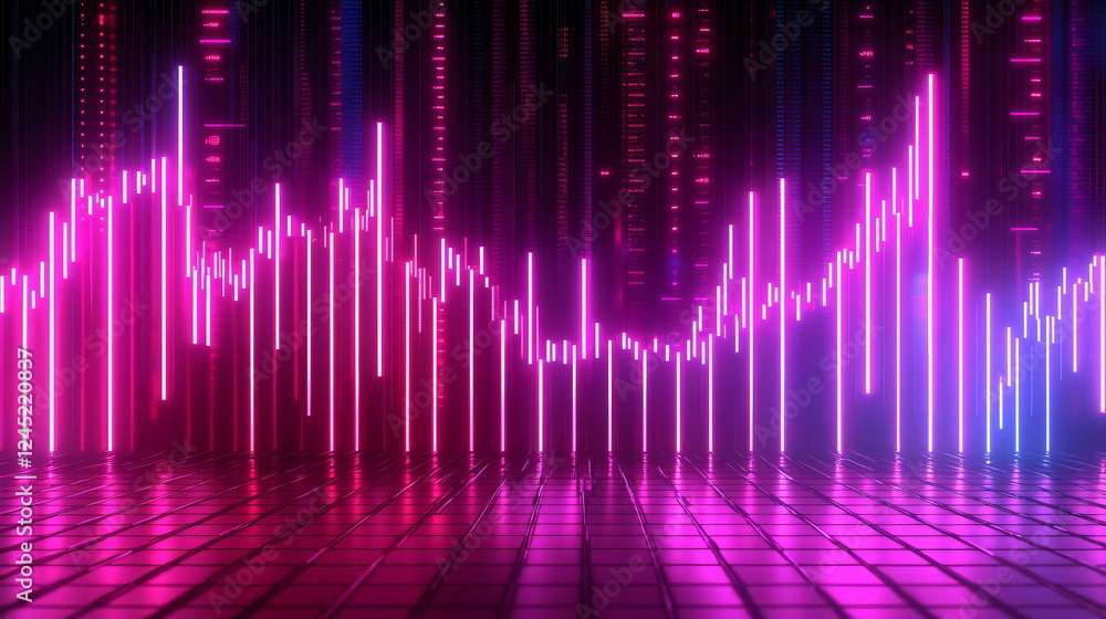 Aufkleber neon visual sound waves illuminated in pink and blue colors, creating a dynamic digital backdrop wit