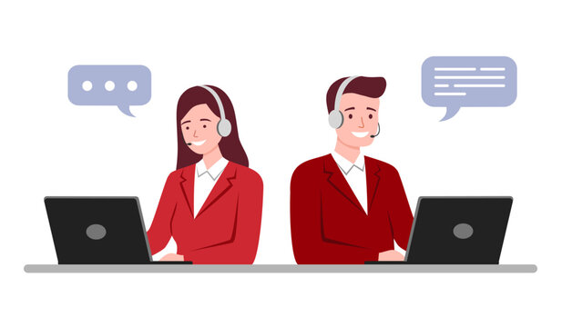 Call center customer service hotline operators in flat design on white background vector illustration.