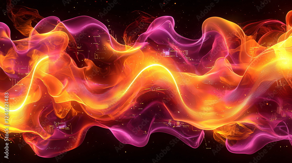 Aufkleber vibrant flowing waves of orange and purple colors intertwining against a dark background, creating a