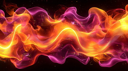 Fototapeta premium Vibrant flowing waves of orange and purple colors intertwining against a dark background, creating a dynamic and captivating abstract visual experience.