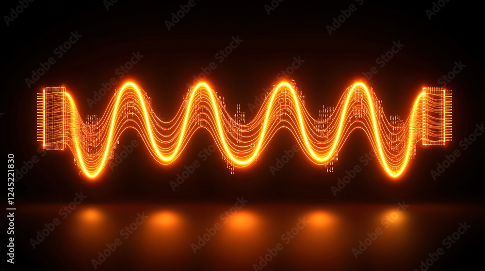 Poster glowing orange sound wave design with smooth curves and digital elements on a dark background, radia