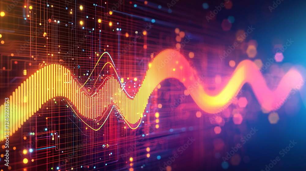 Poster vibrant digital wave illustration with colorful data patterns and light effects, representing modern