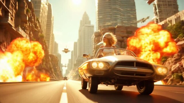 Chase scene in a Past future world where classic James Bond AI girl's glamour meets sleek, retro-futuristic golden atomic vibe