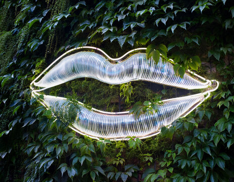 Luz neon de labios en fondo verde plantas trepadoras