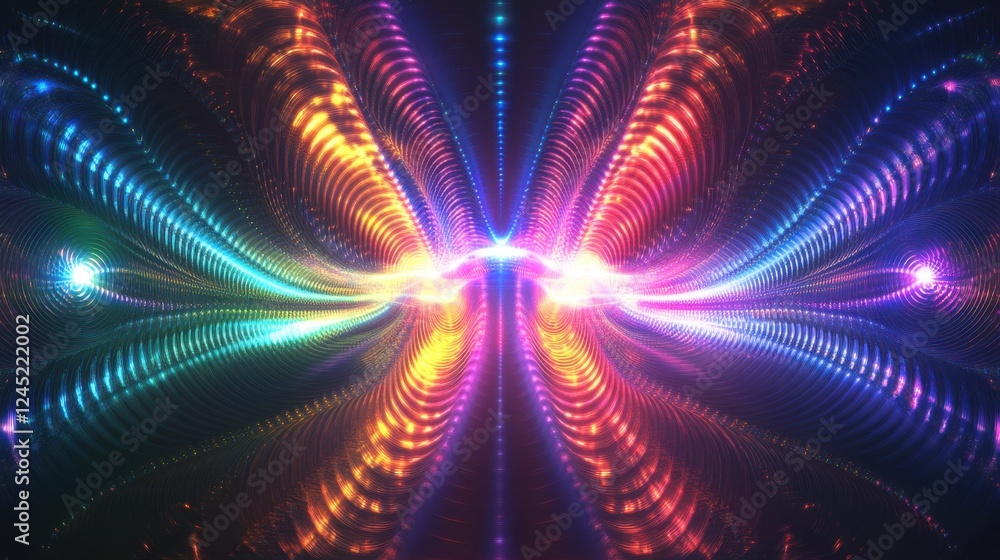 Poster a dynamic composition of radiant neon circles arranged in a mesmerizing abstract pattern.
