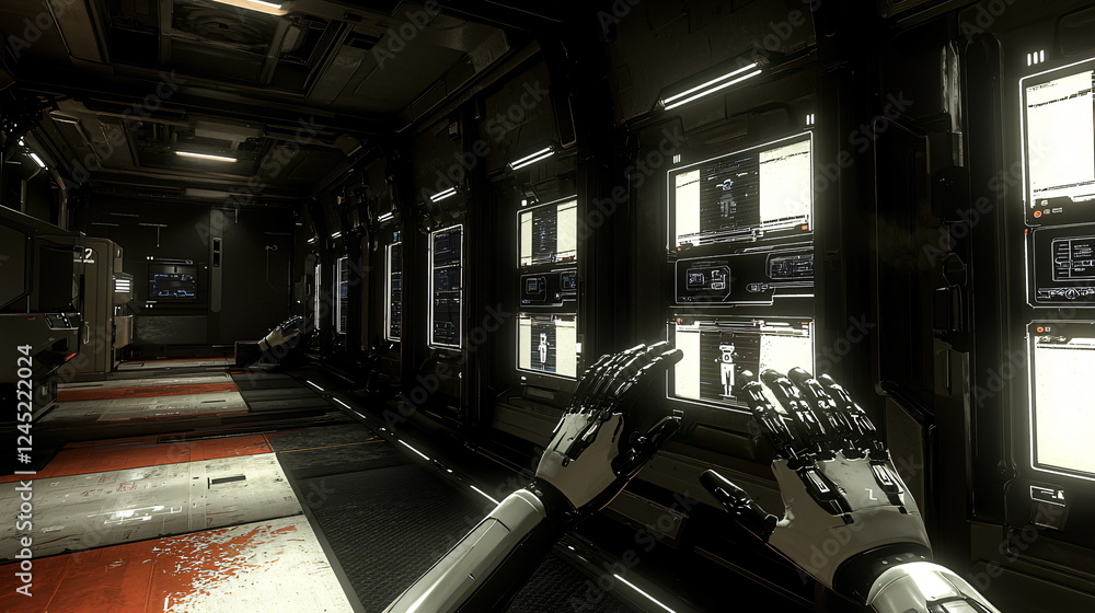Poster futuristic robot hands reaching towards illuminated interfaces in a sleek, high-tech corridor with m