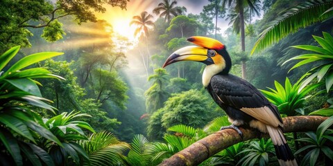 Panoramic Phuket Hornbill: Majestic Birds & Lush Tropical Trees - Thailand Wildlife Photography