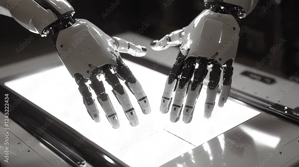 Poster robotic hands reaching out toward a bright light source on a sleek surface, showcasing advanced tech
