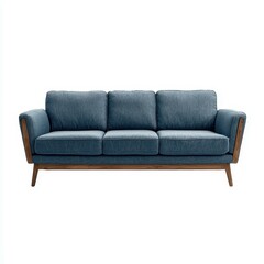Fototapeta premium Front view of a stylish, blue upholstered sofa with wooden legs, featuring three comfortable seats and a modern design, for any living room.