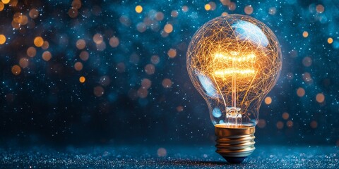 Glowing light bulb with abstract wire filament on sparkling blue background