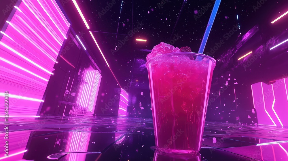 Aufkleber abstract, futuristic boxed juice floating in neon-lit space with reflections and a high-tech atmosph