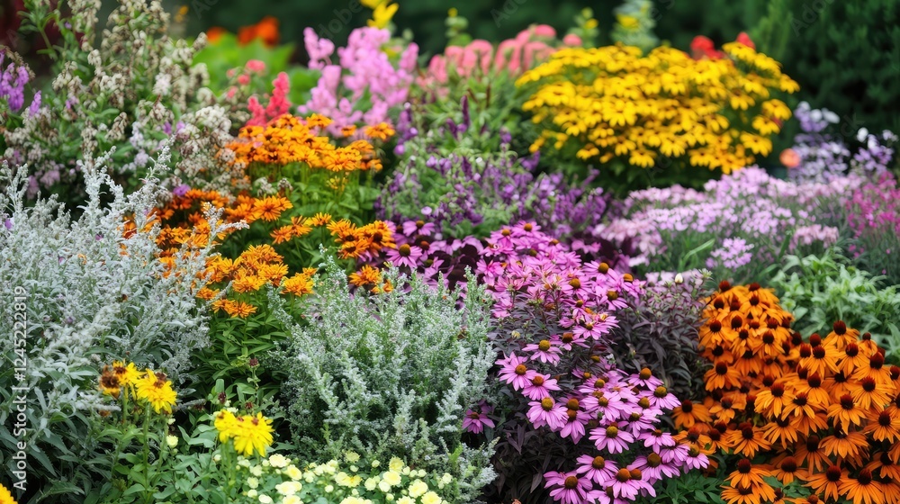 Poster an array of blooming perennial plants with natural sunlight and a blurred background for easy custom
