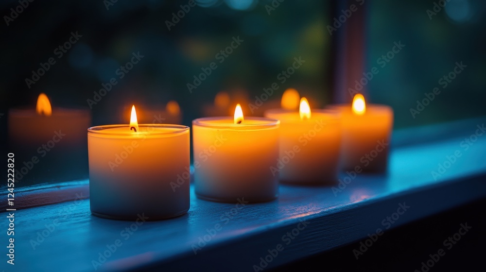 Poster serene atmosphere with glowing candles on a windowsill, casting warm light in a tranquil setting