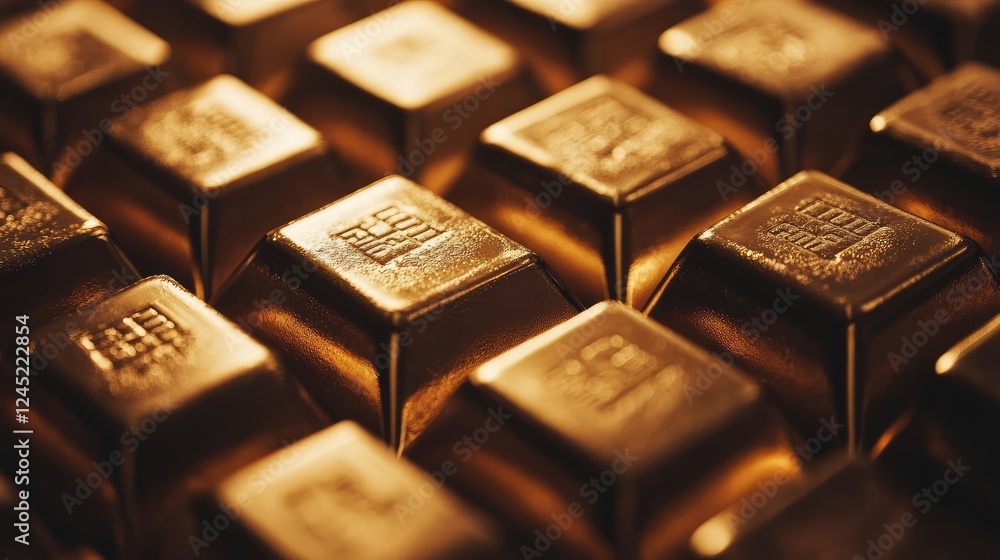 Aufkleber an array of gold ingots lined up on a factory production table, with soft lighting highlighting thei