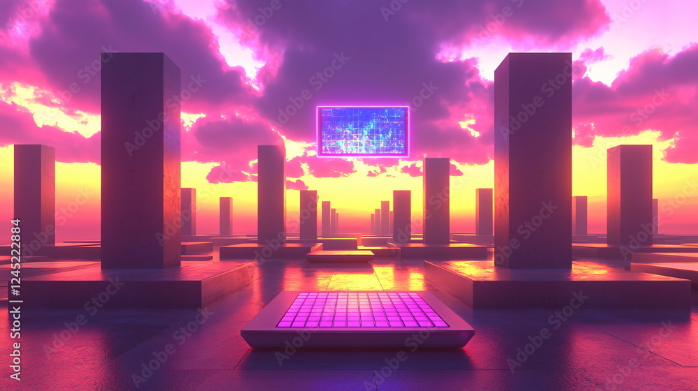 Aufkleber vibrant sunset casting a surreal glow over a cybernetic landscape filled with towering pillars and a