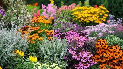 An array of blooming perennial plants with natural sunlight and a blurred background for easy customization of graphics.