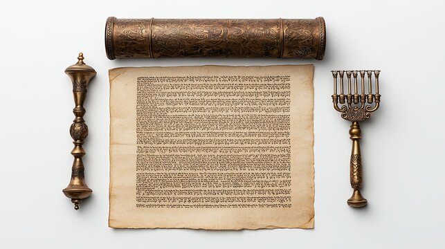 Antique Brass Torah Scroll and Menorah on White Background