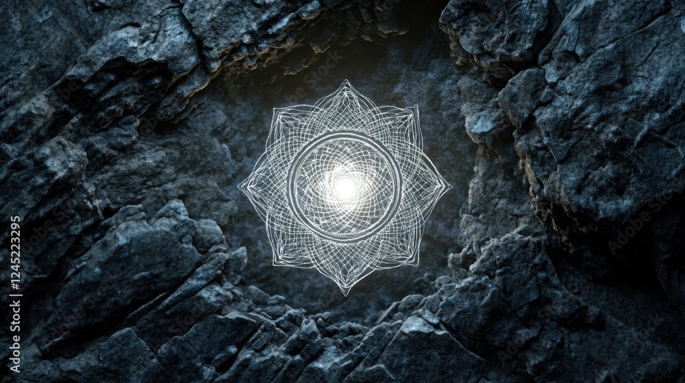 Poster a luminous silver mandala glowing subtly on a textured dark surface, creating an ethereal abstract d