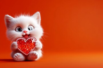 Bombay - my preferred cat. Ad campaign visual idea. Cute bombay baby feline with sparkling rhinestones red heart - sign of love, funny greeting card. Romantic red pet image. Fluffy cat.