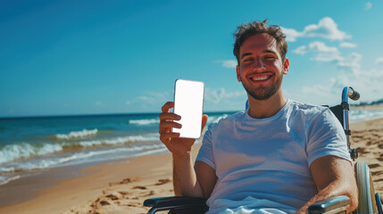 The concept of rehabilitation for people with disabilities. A man in a wheelchair is smiling and holding a cell phone with an empty screen in his hand. Phone mockup. Mobile app for the disabled