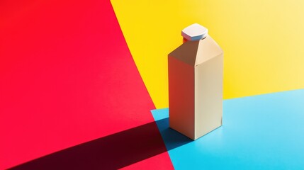 A boxed juice carton tilted slightly, casting a shadow on a vibrant colored background with a modern aesthetic and copy space.