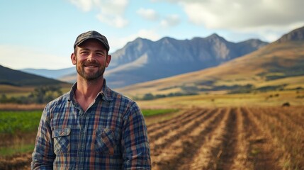 Smiling young caucasian male farmer in plaid shirt standing in field with mountain view