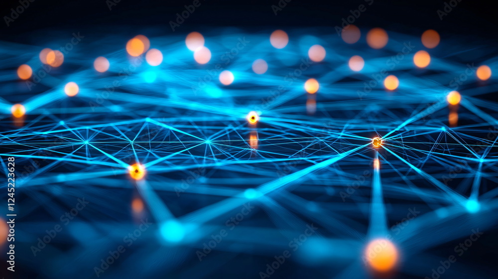 Poster glowing orange spheres interconnected by glowing blue lines on a dark background, creating a vibrant