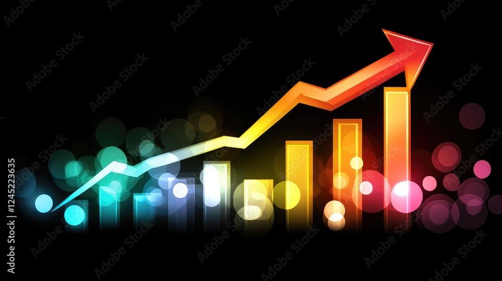 Poster a bright financial graph with a glowing upward arrow, placed on a dark high-tech background with bok