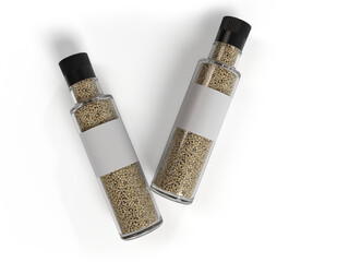 3D realistic glass bottles peppercorn mill, pepper grinder mockup isolated on background. Kitchen spices bottle container used for presentation branding, ads, promotion or place your product design