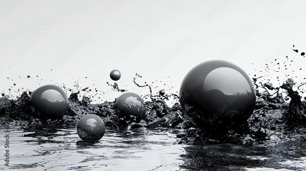 Poster glossy black spheres floating above a fluid surface with splashes of liquid contrasting against a mi
