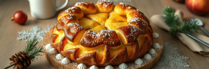 Delicious festive pastry decorated with powdered sugar and seasonal ornaments on a wooden table