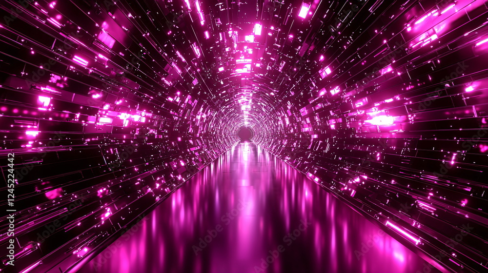 Poster bright pink tunnel with glowing particles and reflections creating a futuristic and abstract atmosph