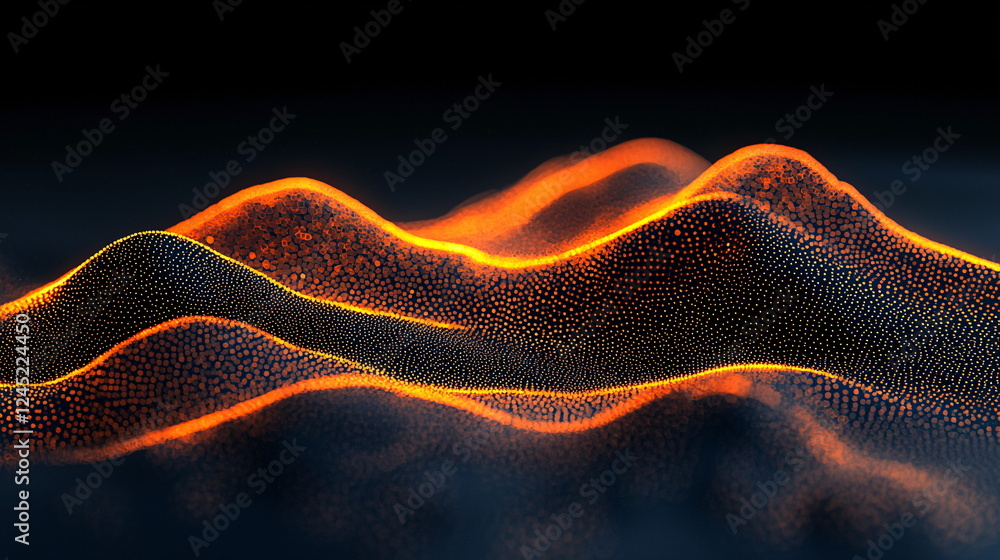 Poster glowing waves undulating in a dark background, featuring vibrant orange and black tones, creating a 