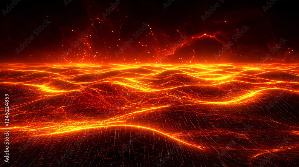 Poster luminous waves of fiery orange and red glow ripple across a dark background, creating an abstract vi