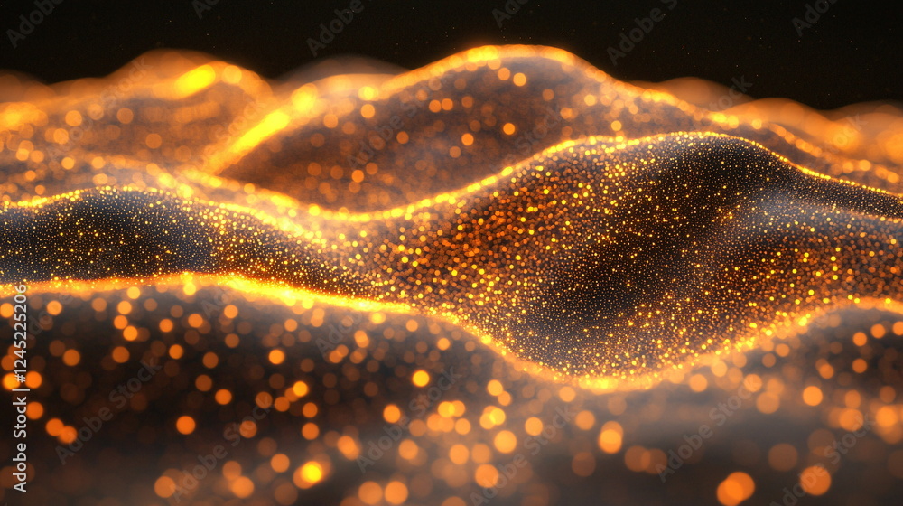 Poster glowing particles creating a mesmerizing wavy landscape with a warm golden hue resembling a cosmic o