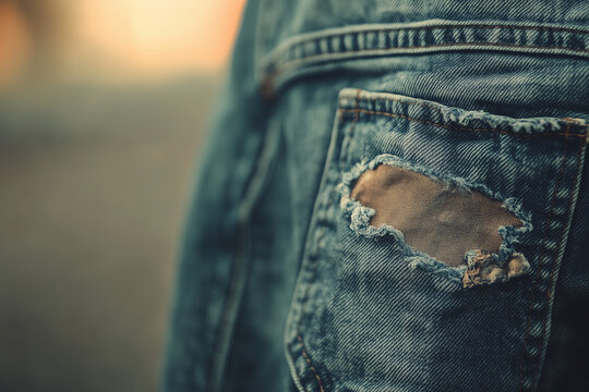 A close-up of a pair of faded blue denim jeans, showcasing the intricate stitching and worn-out patches, with copy space. Soft natural lighting.  - Powered by Adobe
