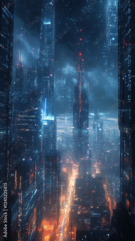 Poster futuristic smart city with data visualization in a nighttime setting