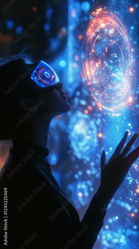 Poster human silhouette interacting with abstract floating visual elements