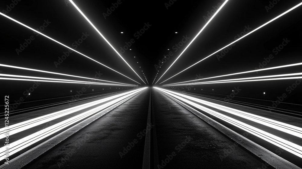 Poster bright white lights emanating from the center of a dark tunnel, creating an illusion of depth and sp