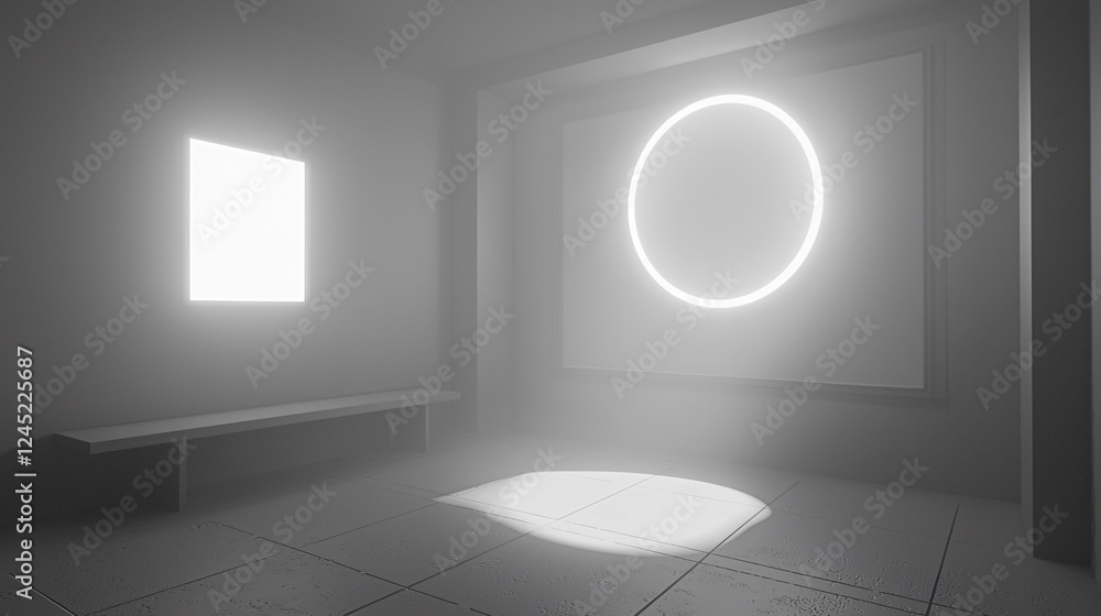 Poster futuristic minima interior design with geometric shapes illuminated by soft light beams creating a s